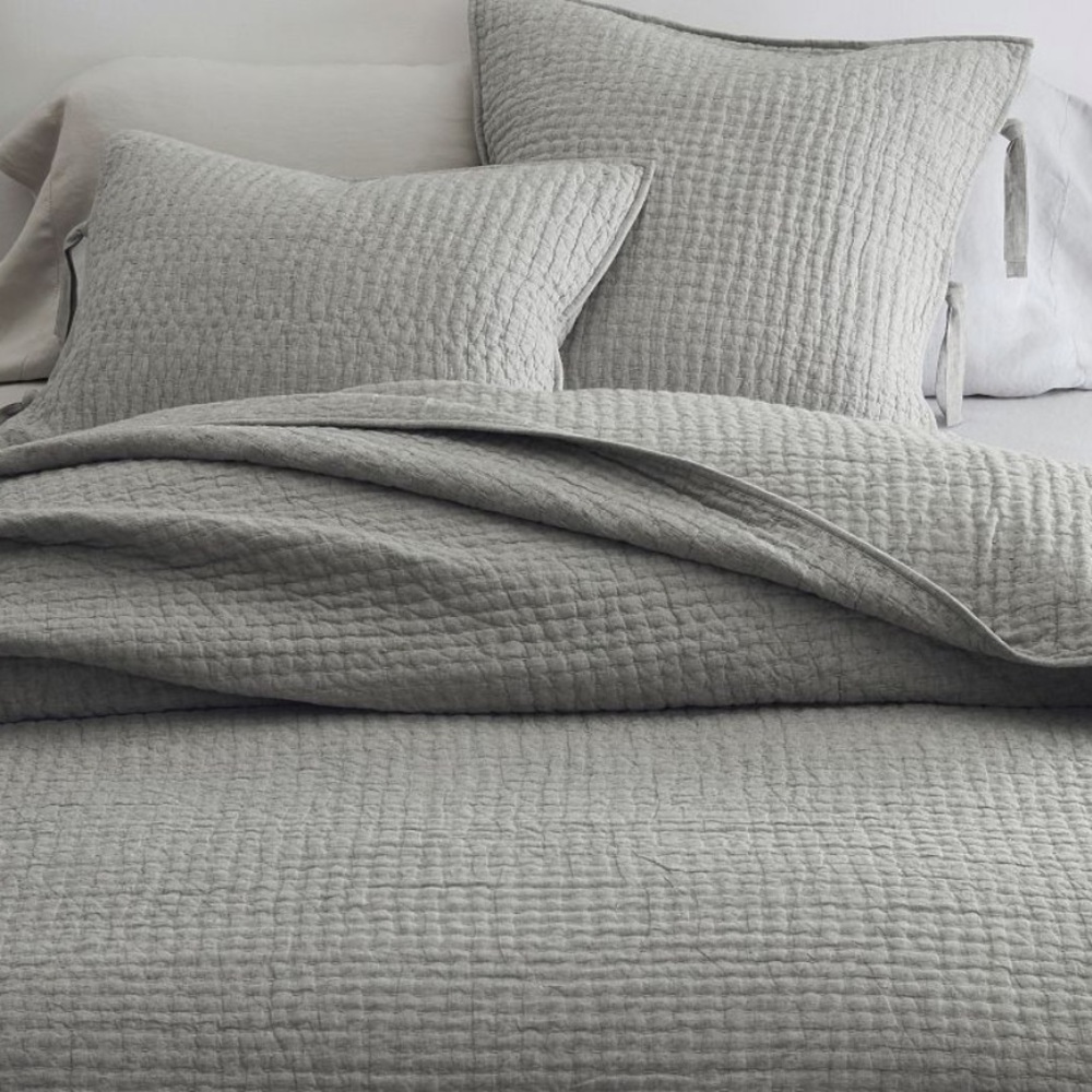 Pottery Barn Pick-Stitch Handcrafted Cotton Linen Quilt Gray King